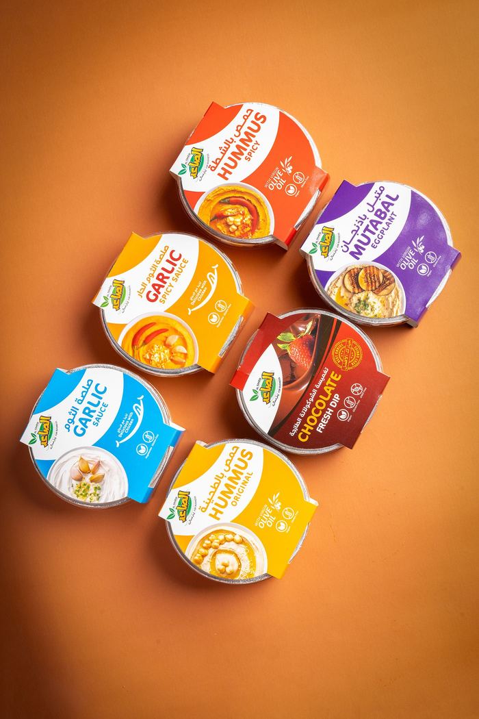 Al Saaeid dips range: hummus, mutabal, garlic sauce and chocolate dip