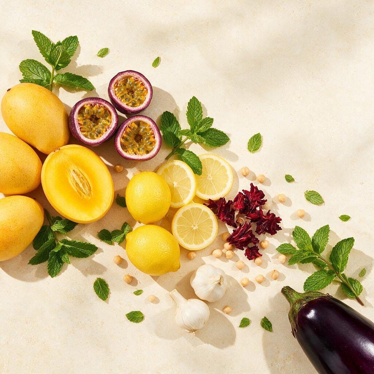 Al Saaeid juices: lemon mint, mango passion and hibiscus on a bright yellow background
